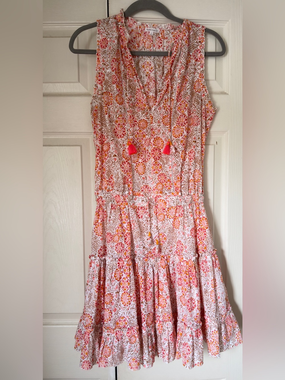 Poupette St. Barth Pink and Orange Floral Tiered Sleeveless Dress - 100% Cotton - Picture 3 of 6